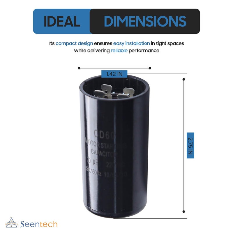 Seentech 70 uf/MFD 220-250 VAC ±20% CD60 Round Motor Start Capacitor 50/60 Hz AC Electric Motor Universal Fit for AC Motor Run or Fan Start and Cool or Heat Pump Air Conditioner - Image 3